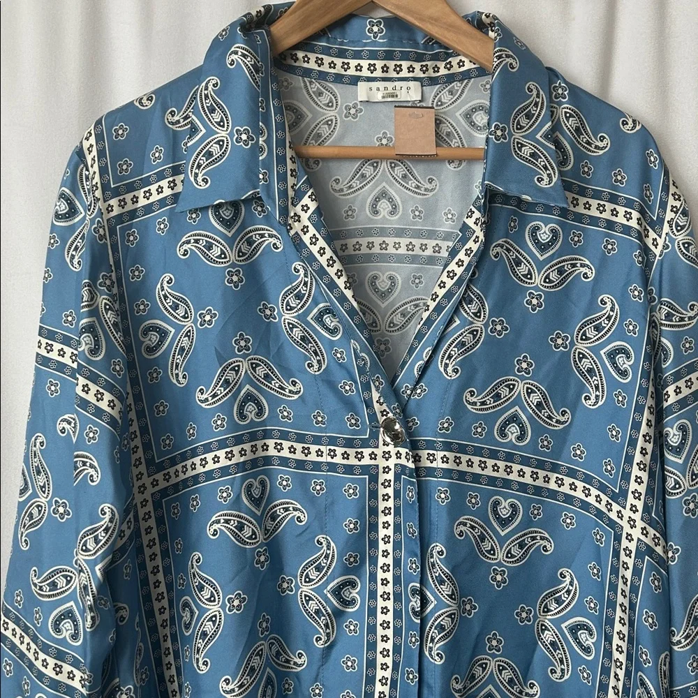 Sandro Blue Paisley Long Sleeve Collared Chloe Silk Mini Dress **Size 40/US 8** - Picture 6 of 12